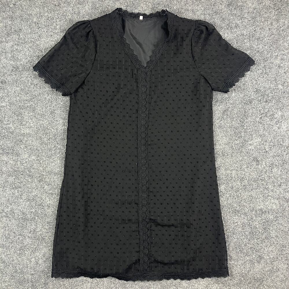 Women's Size S Black Short Sleeve Lace‎ Trim V-Neck Dress Lined Textured Gothic